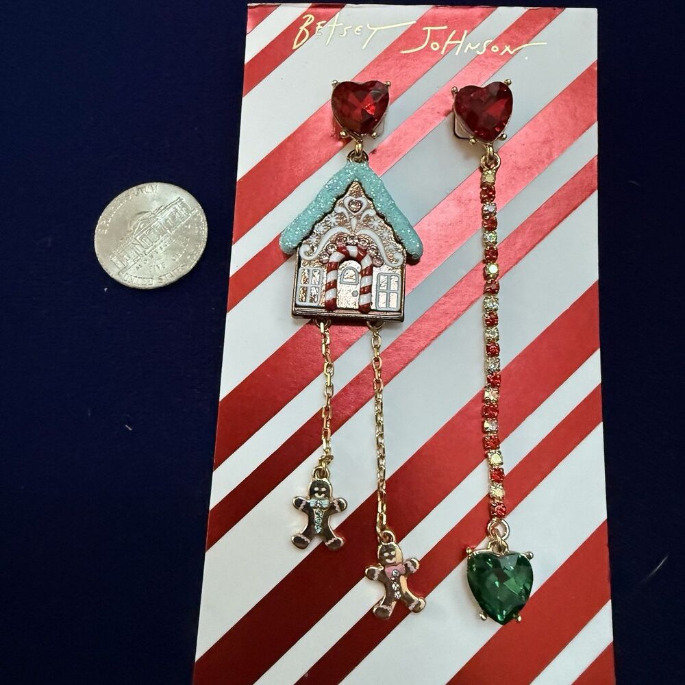 Betsey Johnson Jingle Bell Christmas Gingerbread Man House Earrings Mismatch New - Picture 2 of 5